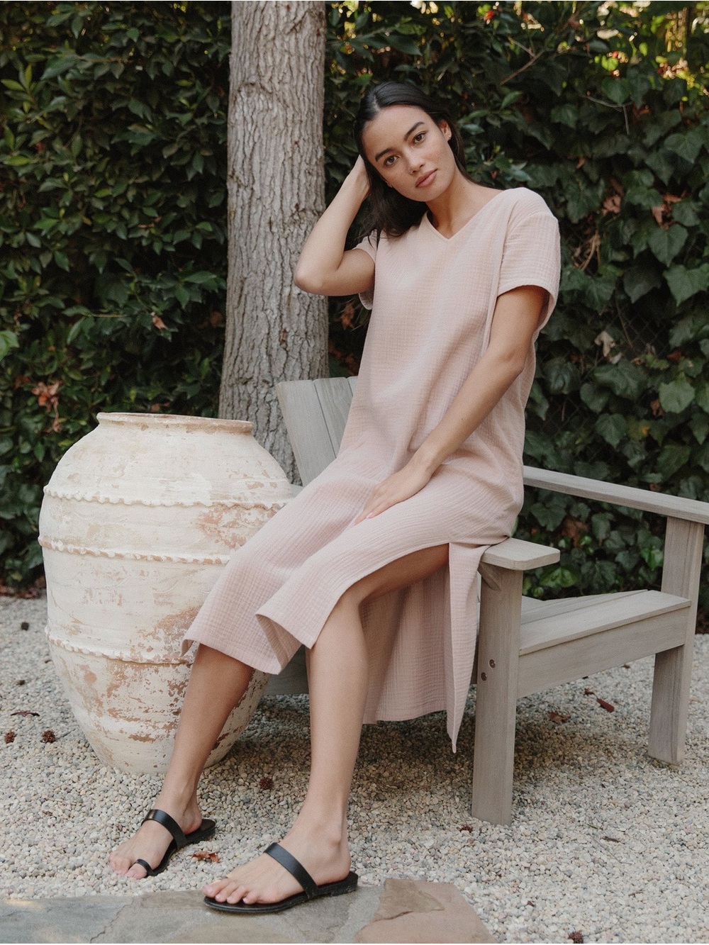 Jenni Kayne Cotton Shift Midi Dress Blush Pink Beige